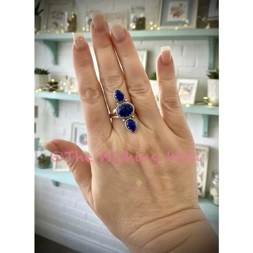 Artisan Crafted Lapis Lazuli Pyrite Sparkle Sterling Three Stone Ring Size 7